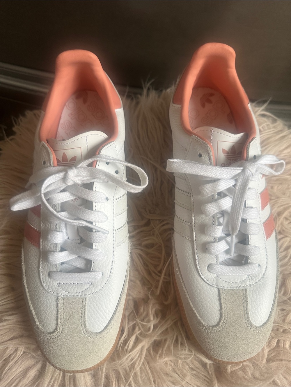 adidas Women’s White Sneakers with Coral Pink Stripes